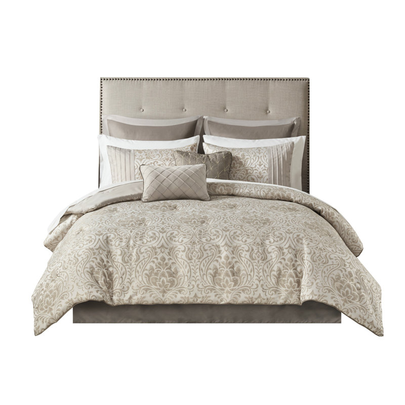 Édredon 12 pièces pour très grand lit, motif kaki avec or métallique, très grand lit lavable à la machine en kaki, doré, taies décoratives européennes plissées et coussins décoratifs