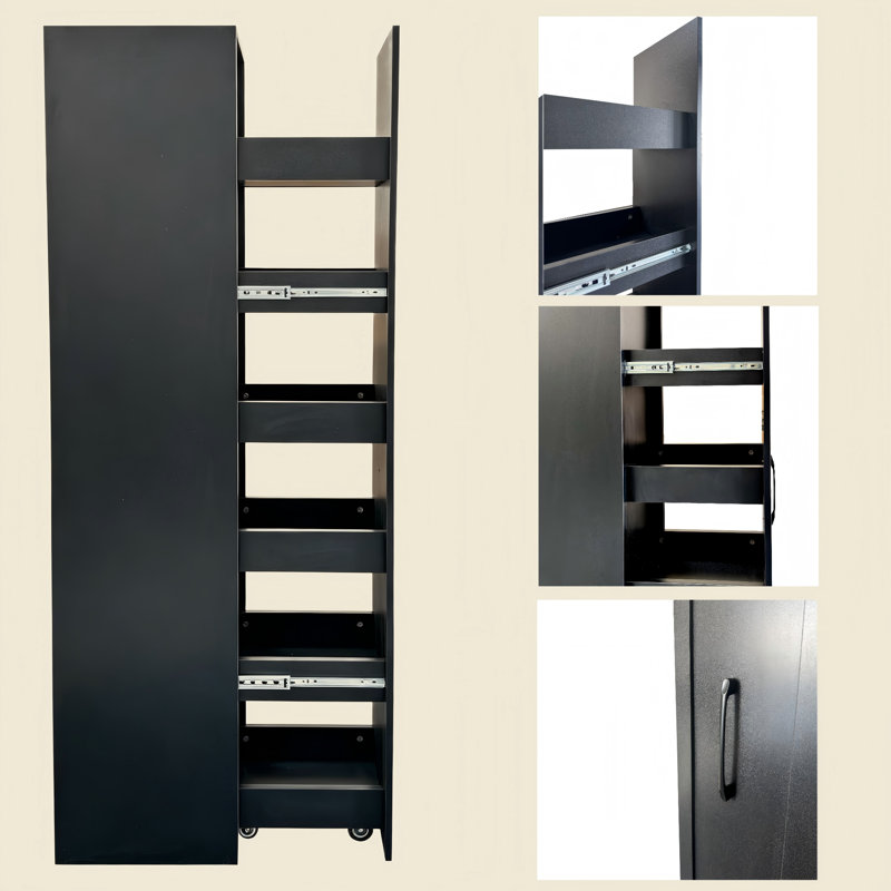 Grand chariot de rangement noir avec poignée et roulettes - Armoire étroite pour étagère à épices et garde-manger