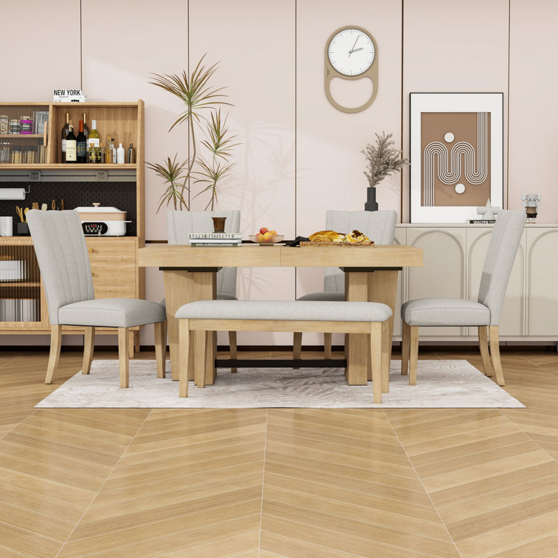 Dining Table Set with Bench and Chairs, Natural, Natural