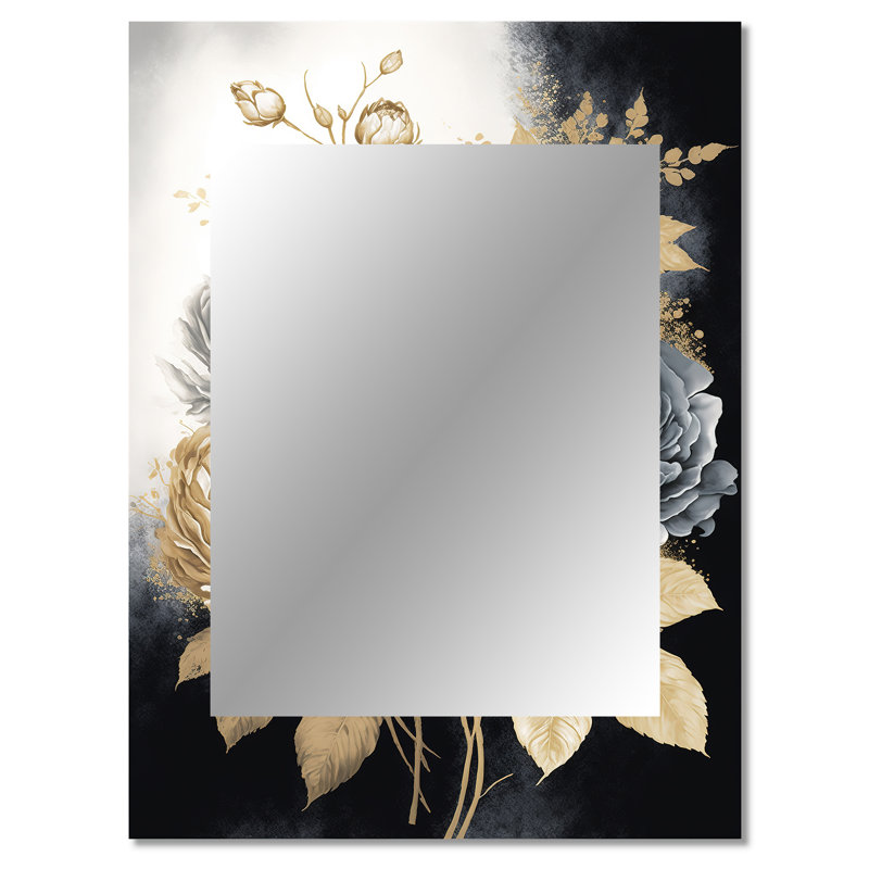 Blanc, doré et noir, bouquet de roses II - miroir décoratif décoratif rose, grand miroir traditionnel, impression d'art en métal