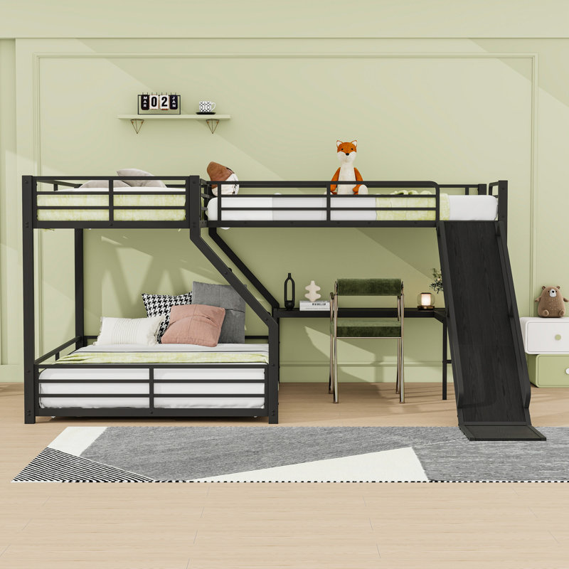 Lit superposé triple à structure métallique avec ports USB et glissière, Lits superposés simple et simple TG au-dessus d'u