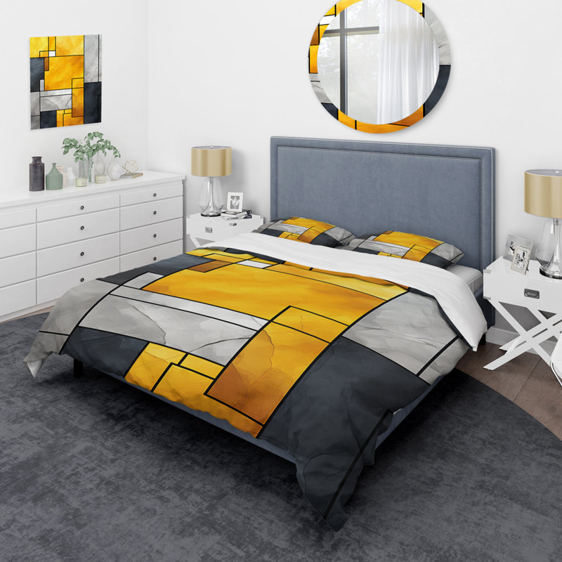 Ensemble de housse de couette à motif géométrique abstrait jaune et gris Fusion 5