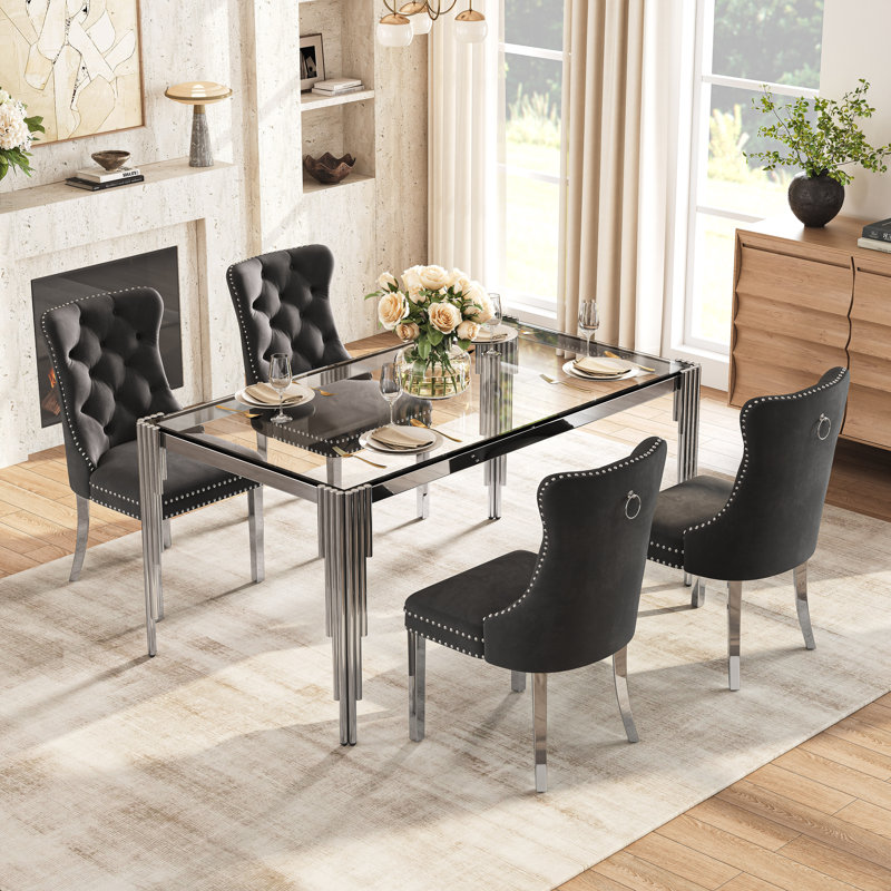 65" Glass Dining Set Of 5, Modern Rectangular Tempered Glass Table With Irregular Round Tube Stainless Steel Legs And 4 Velvet Upholstered Dining Chairs With Nailhead Trim