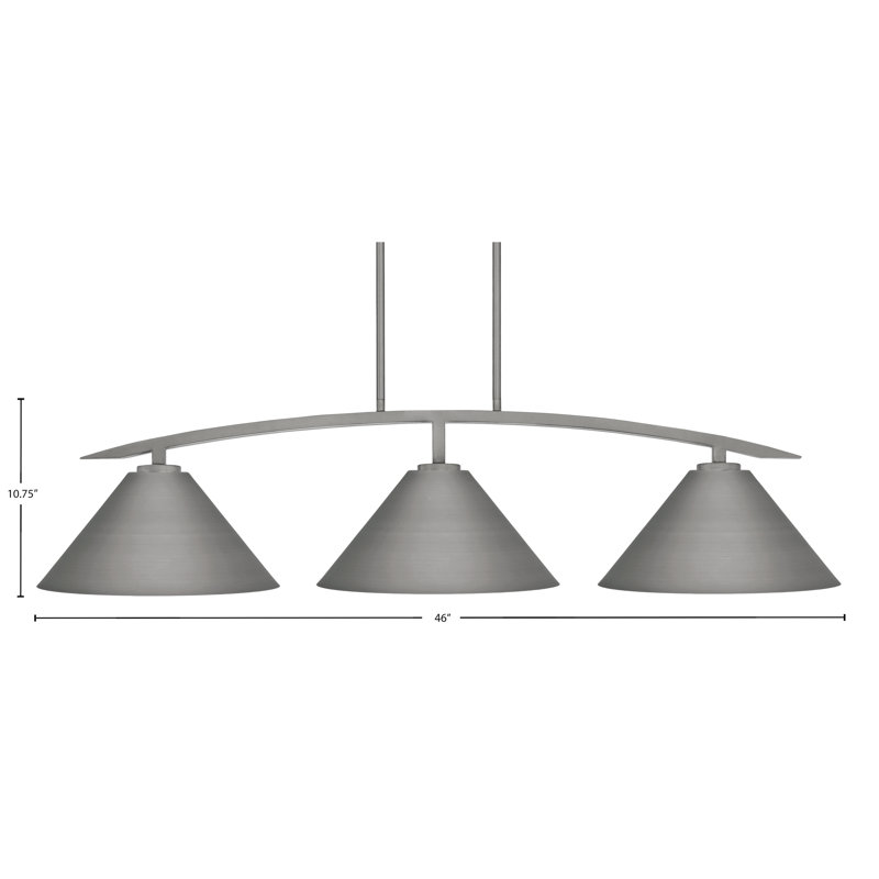 Luminaire pour îlot de cuisine 3 lumières kurve au fini graphite avec abat-jour en métal conique noir mat de 14 po