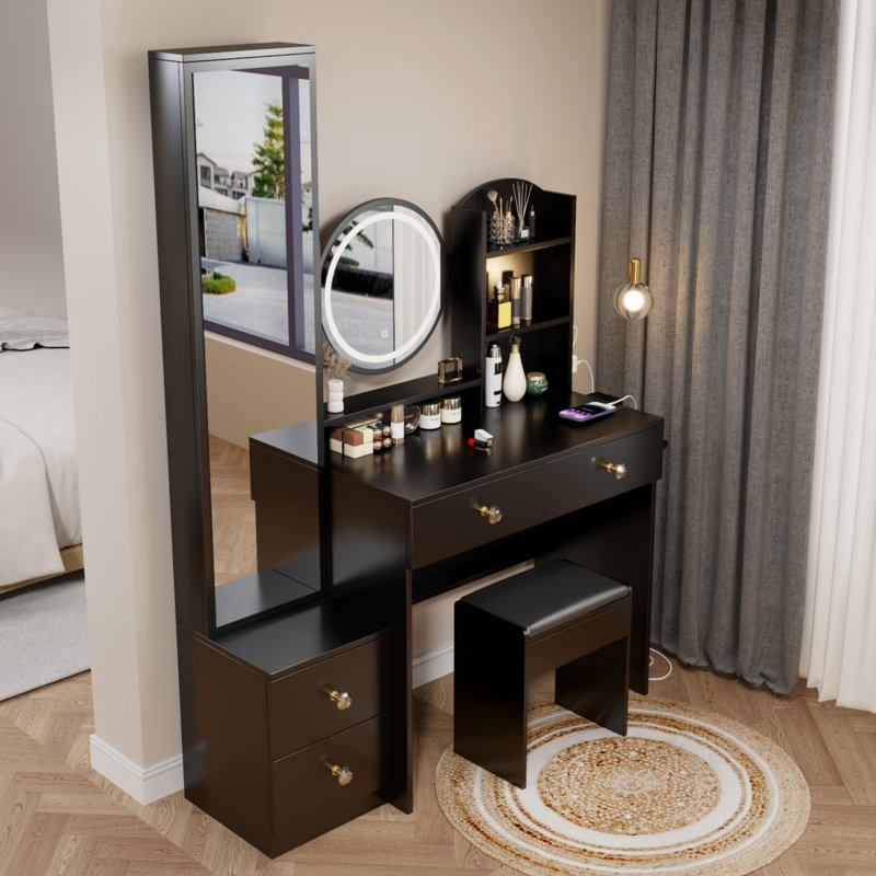 Small Space Left Drawer Desktop Vanity Table + Cushioned Stool, 2 AC+2 USB Power Station, Black 2