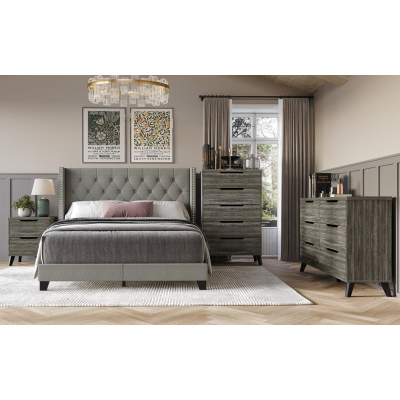 Castle Place Full Wingback Bedroom Set with Nightstand, Dresser and Chest, Light Grey Linen, Twin