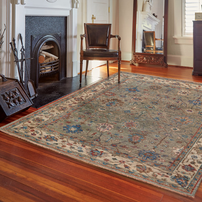 Wentworth-Jackson Hand Knotted Wool Oriental Area Rug in Green, Rectangle 5' x 8'
