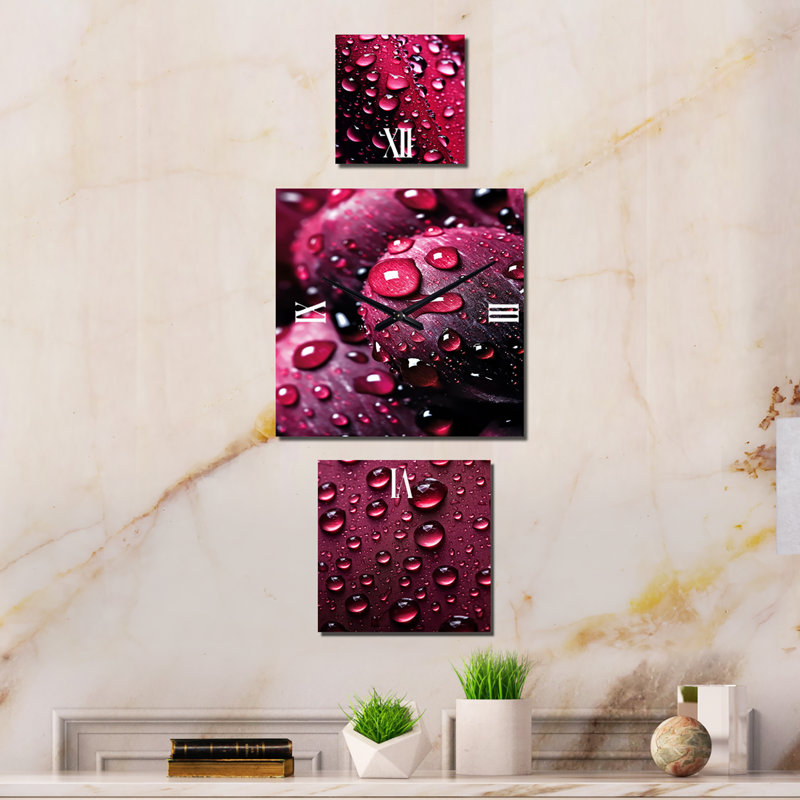 Grande horloge murale moderne avec roses rouges et gouttes de pluie XVIII
