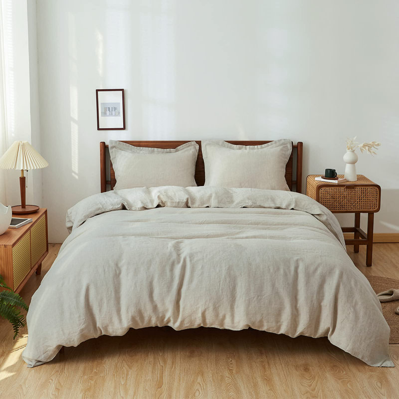 Natural Linen King Duvet Cover Set with Button Closure