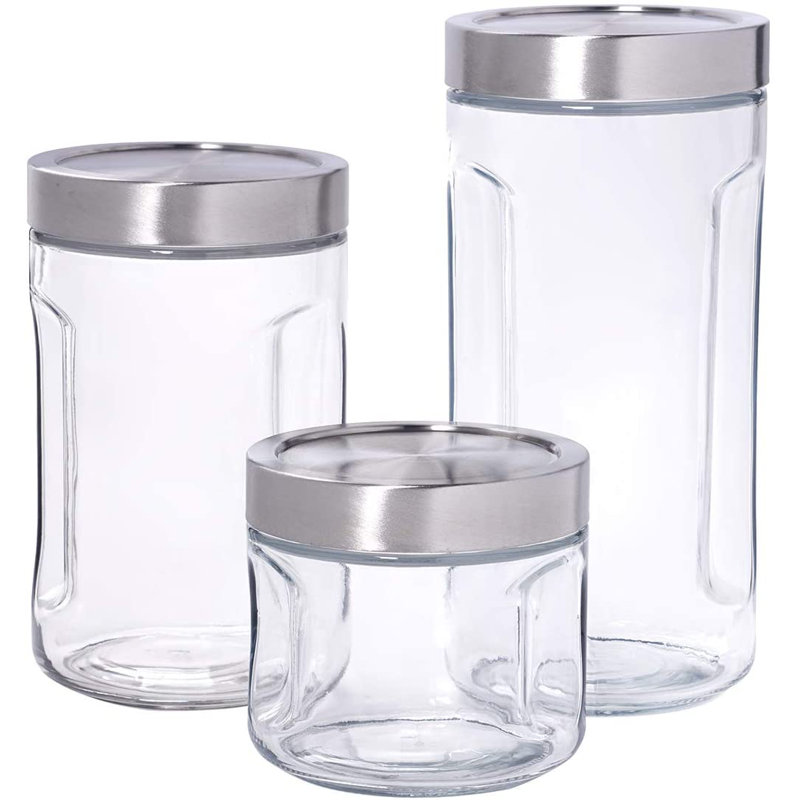 Clear Glass Stackable Jar Set with Stainless Steel Lids, 3 Piece