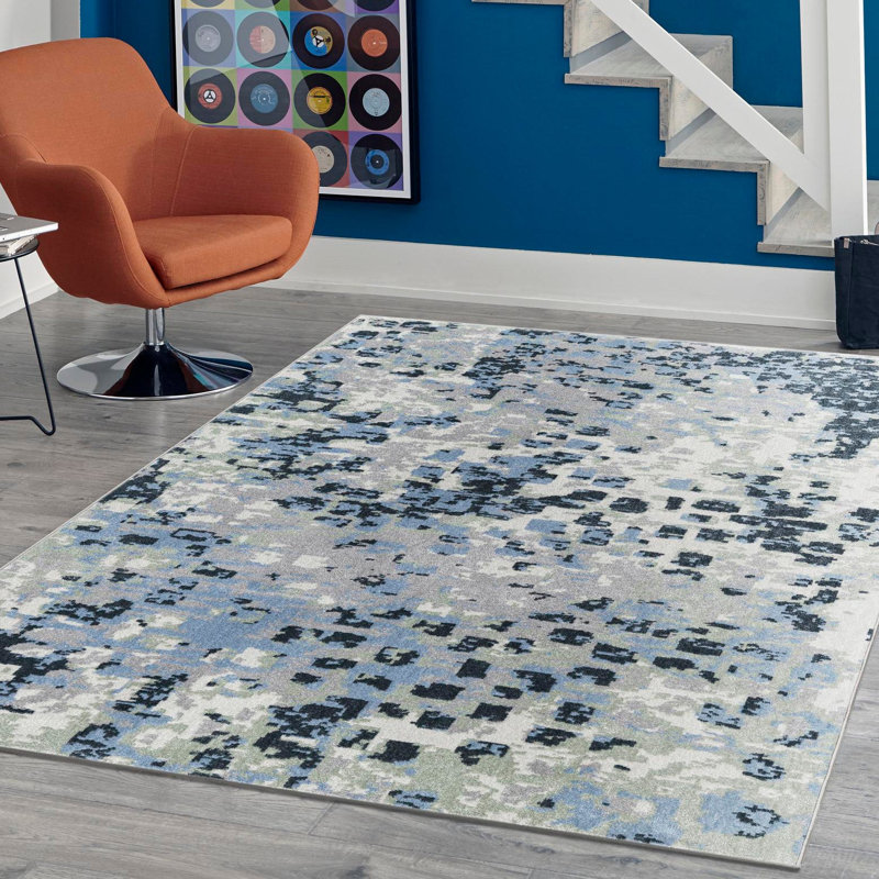Tapis en polyester tissé à la machine Azion en gris / bleu marine / ivoire, Rectangle 7 pi 10 po x 10 pi