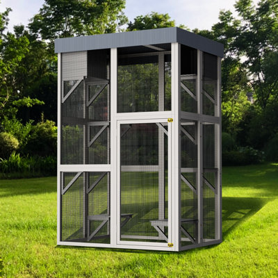 70.5" Tall, Gray Wood, Cat House, 6 Jumping Platforms, 2 Napping Zones, Removable Tarp, Secure Locks, Peaceful Playpen, Spacious And Playing, Areas, M