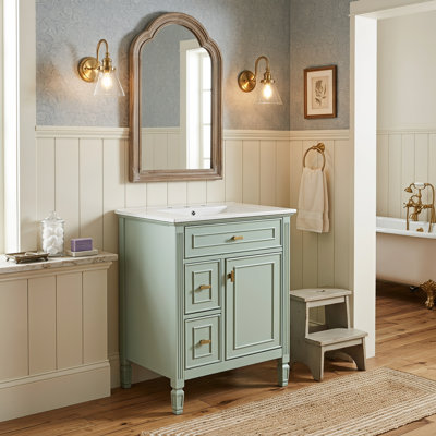 Meuble-lavabo de 24 pouces avec lavabo, armoire en bois massif et panneau de fibres à densité moyenne avec un tiroir rabattable, deux tiroirs standard et une tablette réglable, meuble-lavabo autoportant vert pour le rangement de la salle de bain (ancien SKU: N725P350824F)