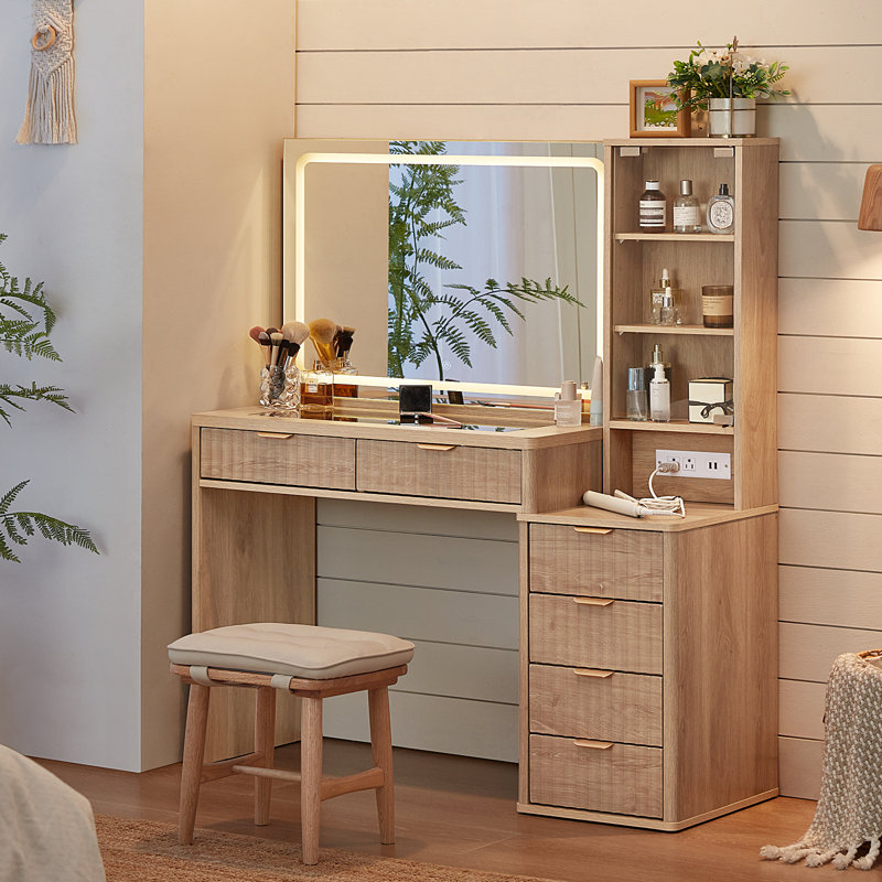 Vanity Desk With Mirror And Lights, 43.5'' Fluted Makeup Vanity With 6 Drawers And Adjustable Shelves,Wood Make Up Vanity Dressing Table With Glass Top And Power Outlet For Bedroom (No Chair)