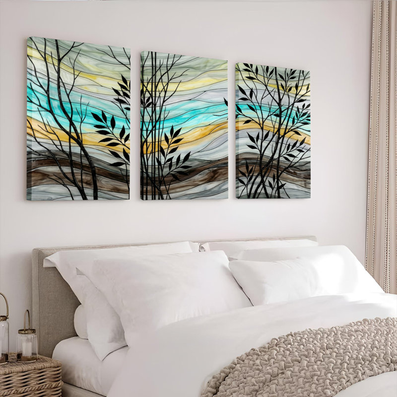 Ensemble de 3 tableaux abstraits représentant des silhouettes d'arbres dans un paysage, sur toile tendue, pour la décoration du salon et de la chambre.