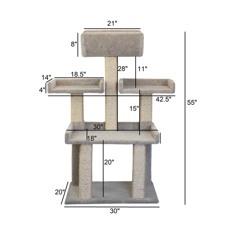 56" Beige Sisal Extra Large Cat Tree Tower with Four Levels