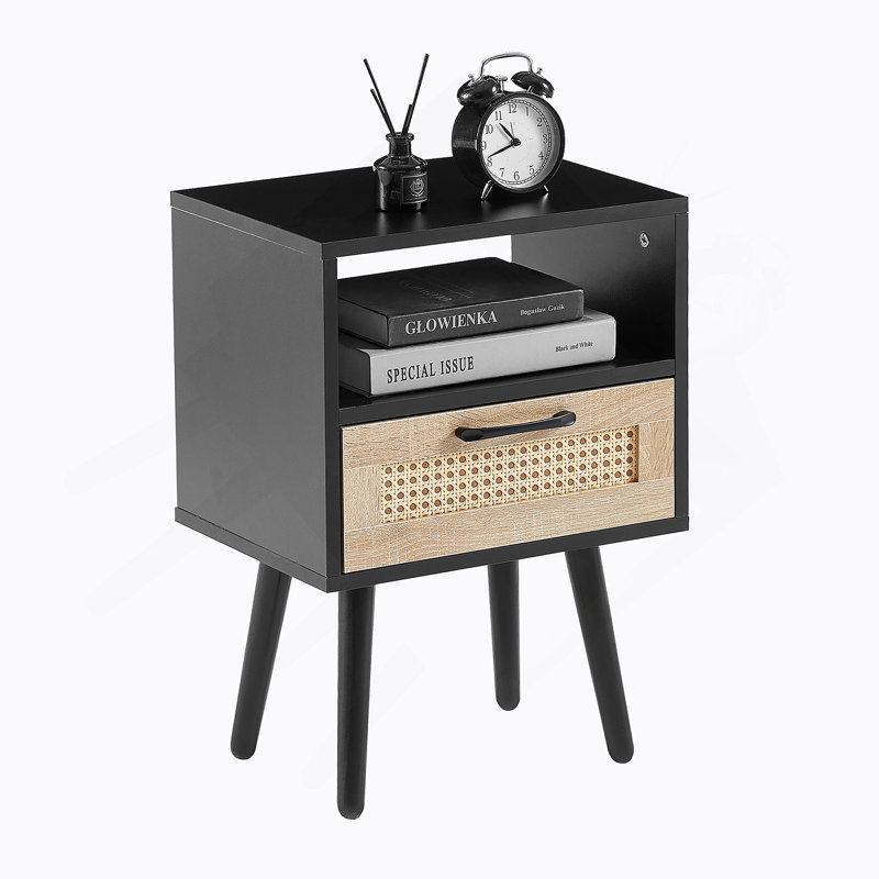 Table de bout en rotin de 15,75 po avec tiroir, table de chevet et table d'appoint pour salon, Noir