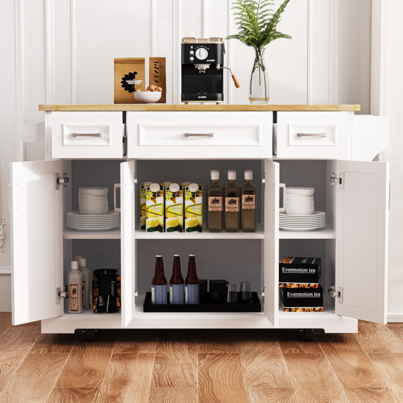 54Inch Large Kitchen Island With Rubber Wood Drop Leaf, Embossed Texture Rolling Kitchen Cart On 4 Wheels With 4 Doors And 3 Drawers, Kitchen Island With Storage For Kitchen, Dining Room