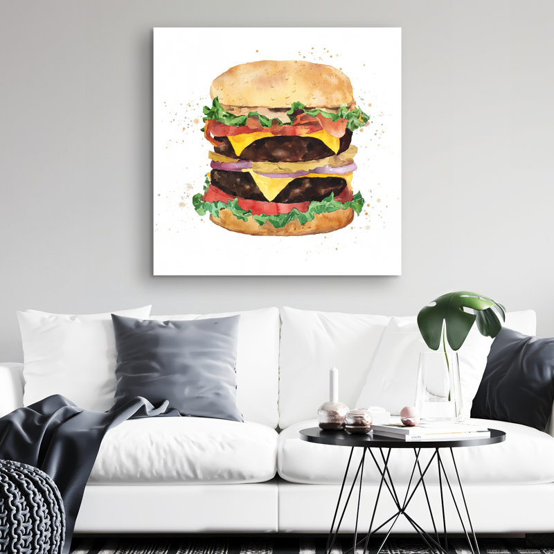 Watercolor all dressed double cheeseburger - 32"x32" art on canvas