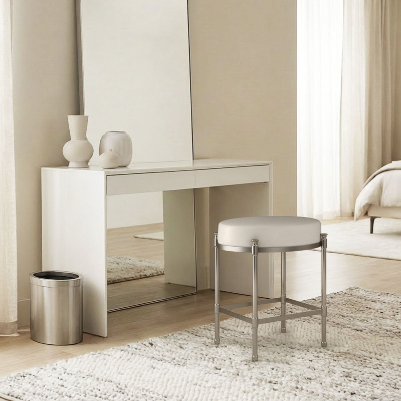 Tabouret de coiffeuse avec coussin, Nickel satiné, Ivoire
