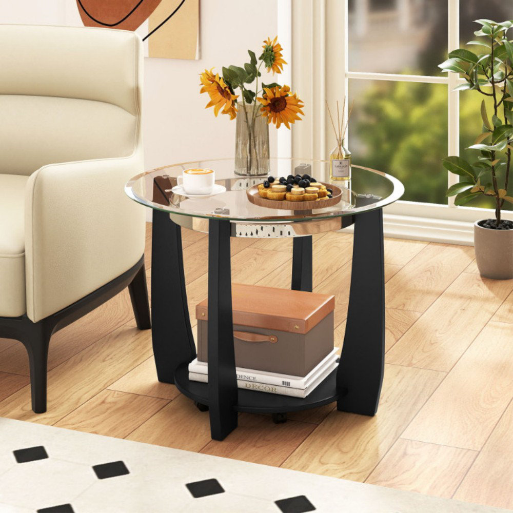 Latitude Run® 32" 2-Tier Glass Round Coffee Table With Storage Shelf ...