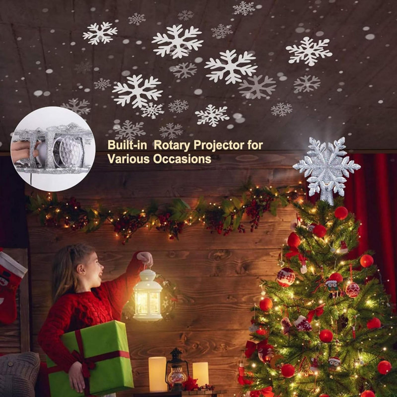 Christmas Tree Topper Lighted With 6 Projection Modes, 9.6” Hollowed Snowflake Tree Topper With Silver Spangles Plug In For Indoor Home Xmas New Year Party Holiday Night Tree Decor