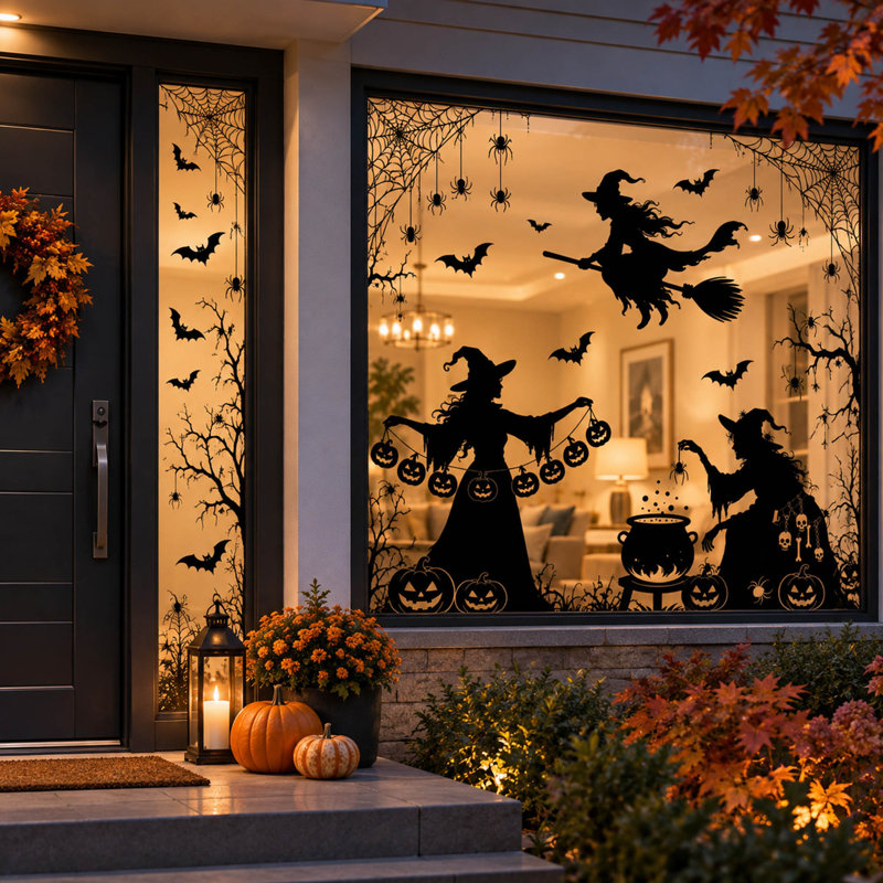 5 feuilles d'autocollants pour fenêtre d'Halloween de 12,6 po x 35,4 po avec silhouettes recto-verso