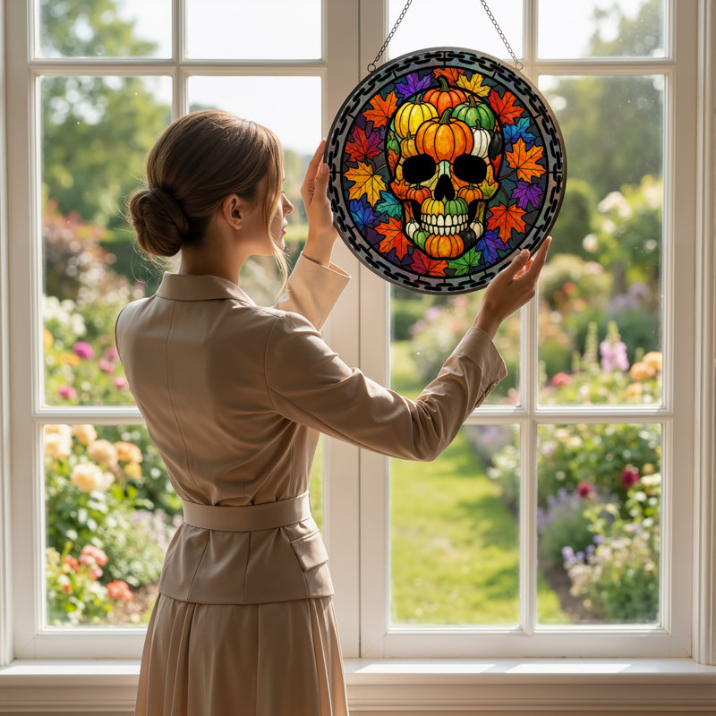 12"H Skull Pumpkins Stained Glass Window Panel