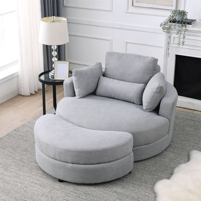 [Video] Welike Swivel Accent Barrel Modern Sofa Lounge Club Big Round Chair With Storage Ottoman Linen Fabric For Living Room Hotel With Pillows by George Oliver