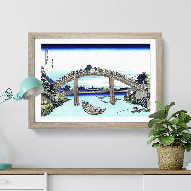 Bridge over the River by Katsushika Hokusai - Picture Frame Painting Print, 27cm H x 36cm W x 2cm D, Oak Framed