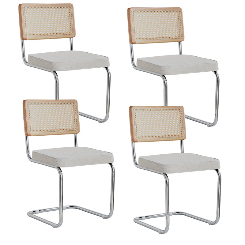Chairs - Scandinavian Velvet Dining Chair - Rattan Back Chair - Metal Legs, White, 4
