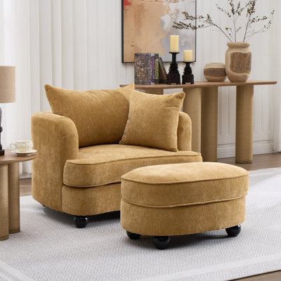 Oversized Verona With Ottoman, Wide Chaise Lounge Chair Indoor, Modern Armchair With Pillow, Chenille Comfy Chairs For Bedroom, Living Room