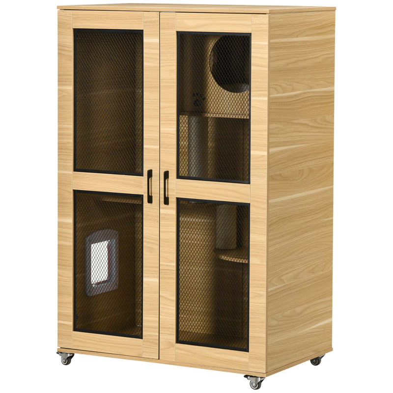 Maison pour chat de luxe avec roulettes PawHut, cage pour chat Catio, Chêne