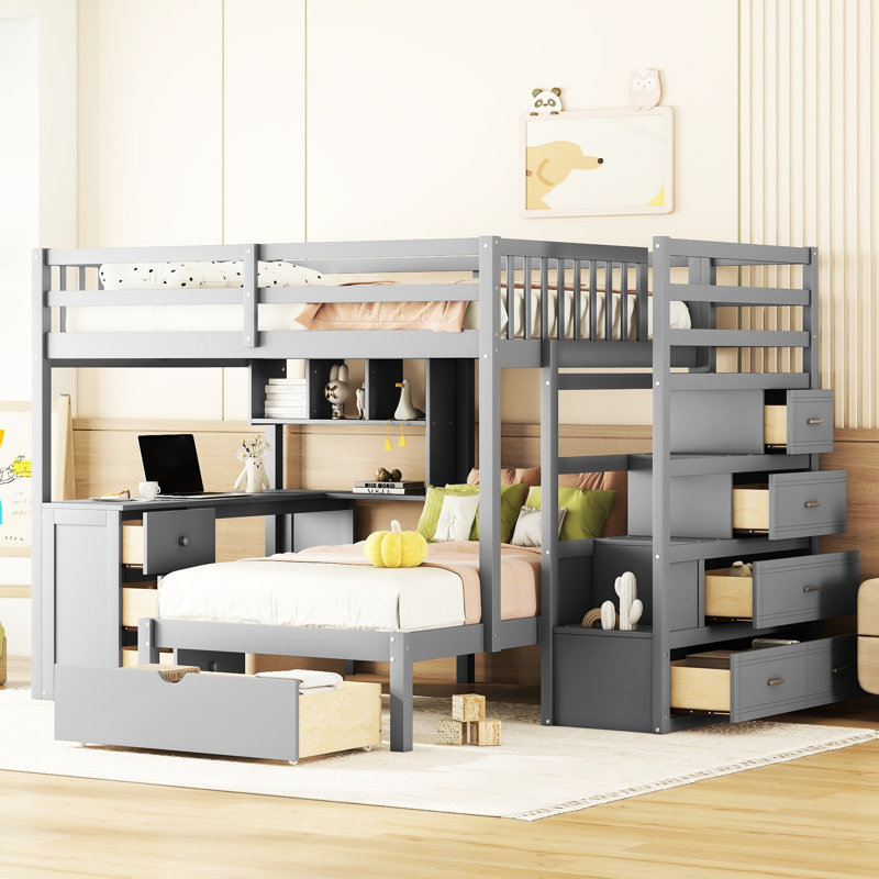 Lit superposé simple au-dessus d'un lit simple moderne gris avec bureau et grand espace de rangement organisé
