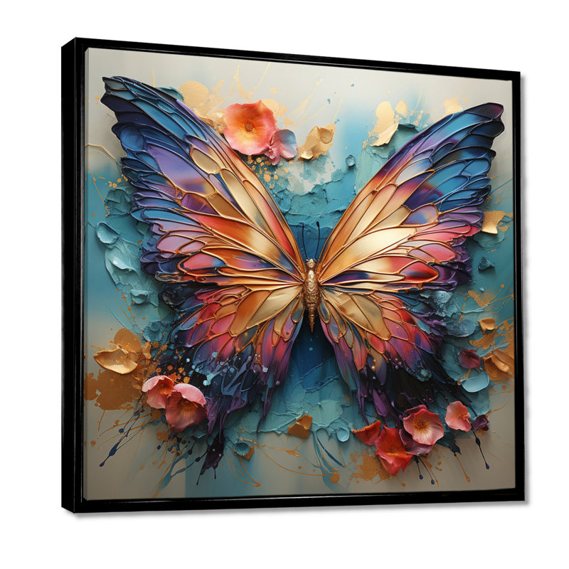 Orange et bleu, papillon métallique - art mural papillon, Noir, H 30 po x l 30 po x P 1 po, Reproduction avec cadre flottant