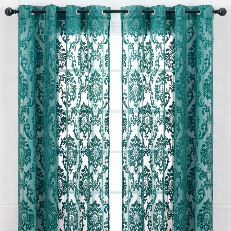 Branca Polyester Damask Semi Sheer Grommet Curtain Panel Set, 52" W x 84" L, Teal