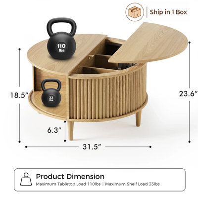 Round Coffee Table With Storage, Fluted Lift Top, Sliding Cabinet Door, Modern Design, Natural