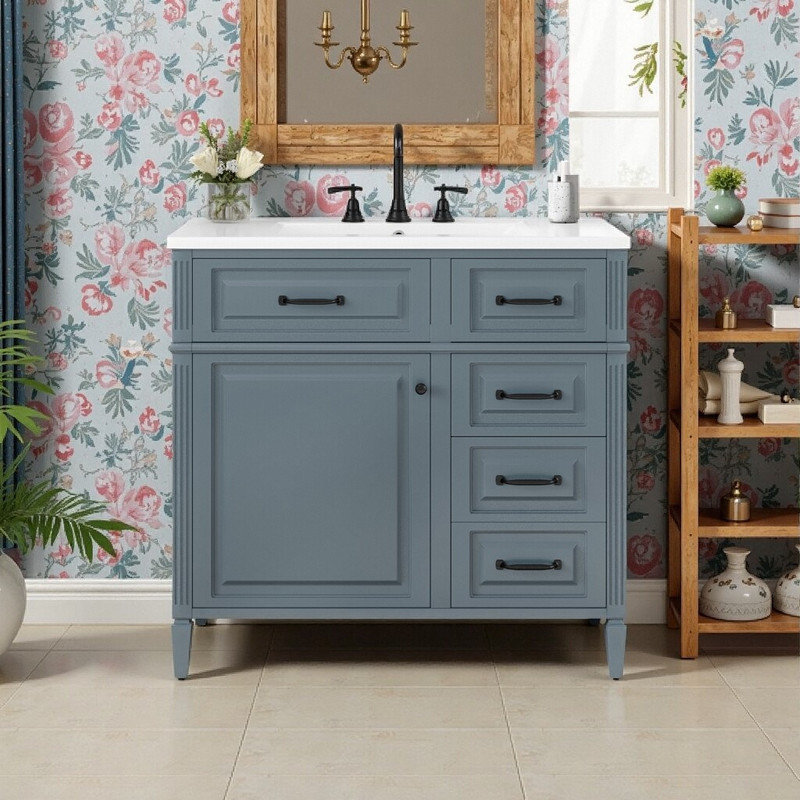 Meuble-lavabo autoportant de 36 po avec cadre en bois massif et plateau de tiroir rabattable en céramique, Bleu/gris