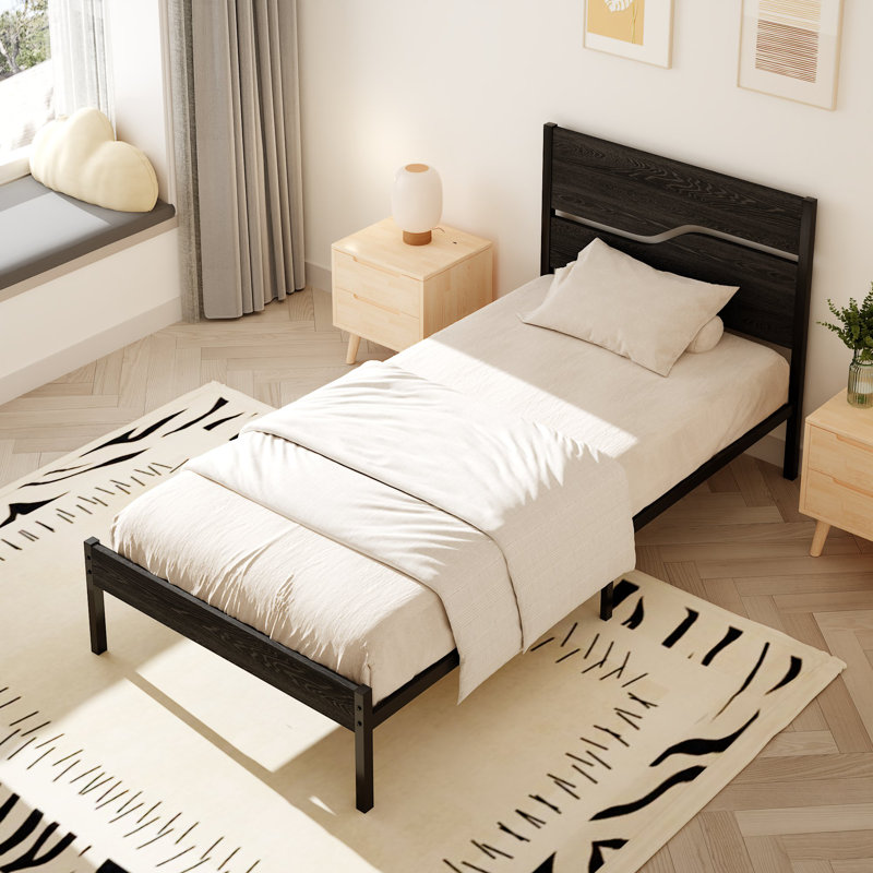 Bed Frame Single Double Size, Metal Platform Bed Frame with Wood Headboard and Footboard, Strong Steel Slats Support, No Box Spring Needed, Easy Assembly