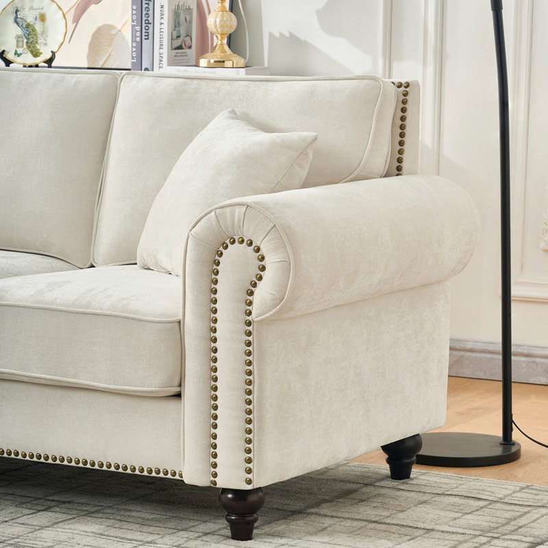 Chenille Sofa with Rolled Arms,Wood Legs and Nailhead Trim, 3, 33.5" H x 86.5" W x 34.5" D, Beige