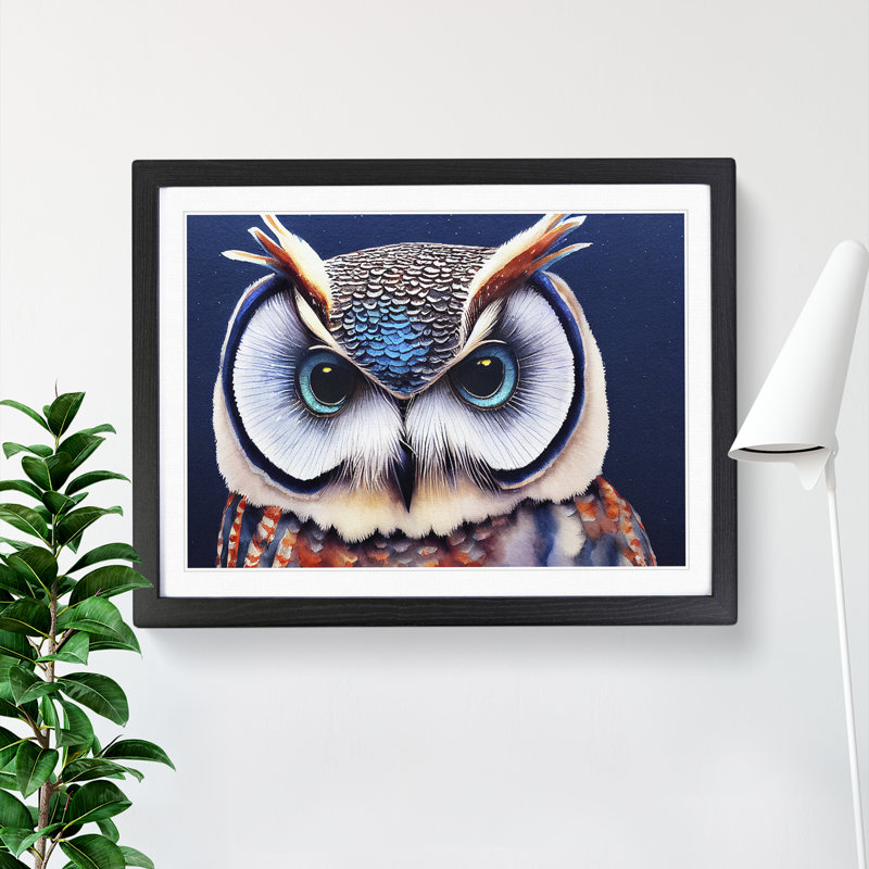Watercolour Long Eared Owl - Single Picture Frame Print, 46cm H x 64cm W x 2cm D, Black