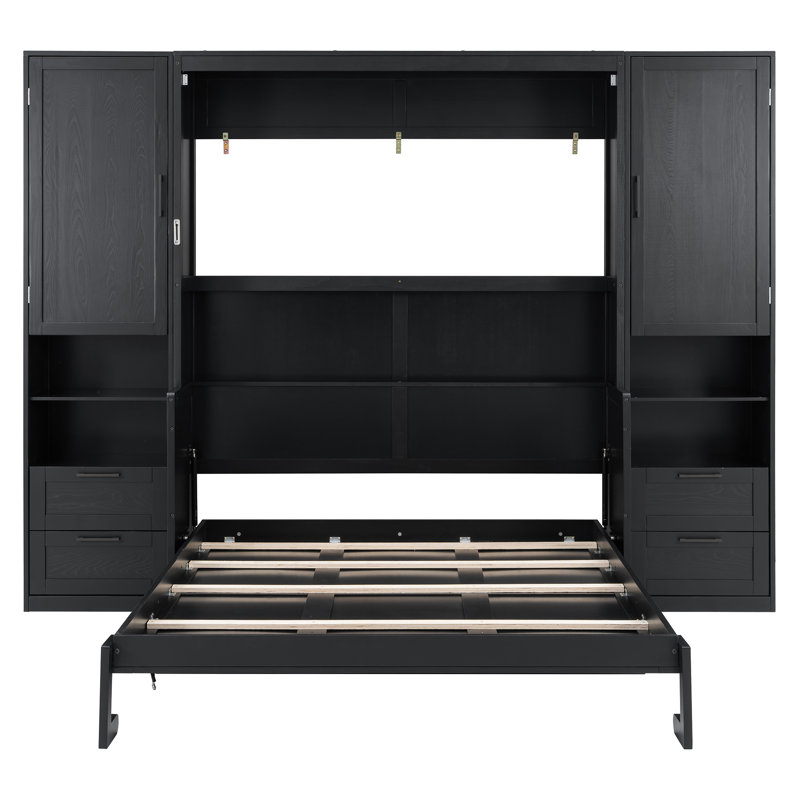 Lit escamotable 4 tiroirs avec 2 armoires et tablettes, Noir