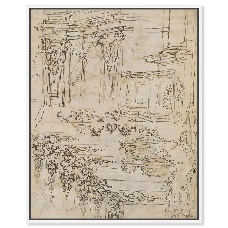 «Ornament and Architecture 1710 Canvas Classic Sketches» par Art Remedy, H 25 po x l 21 po, Cadre flottant blanc