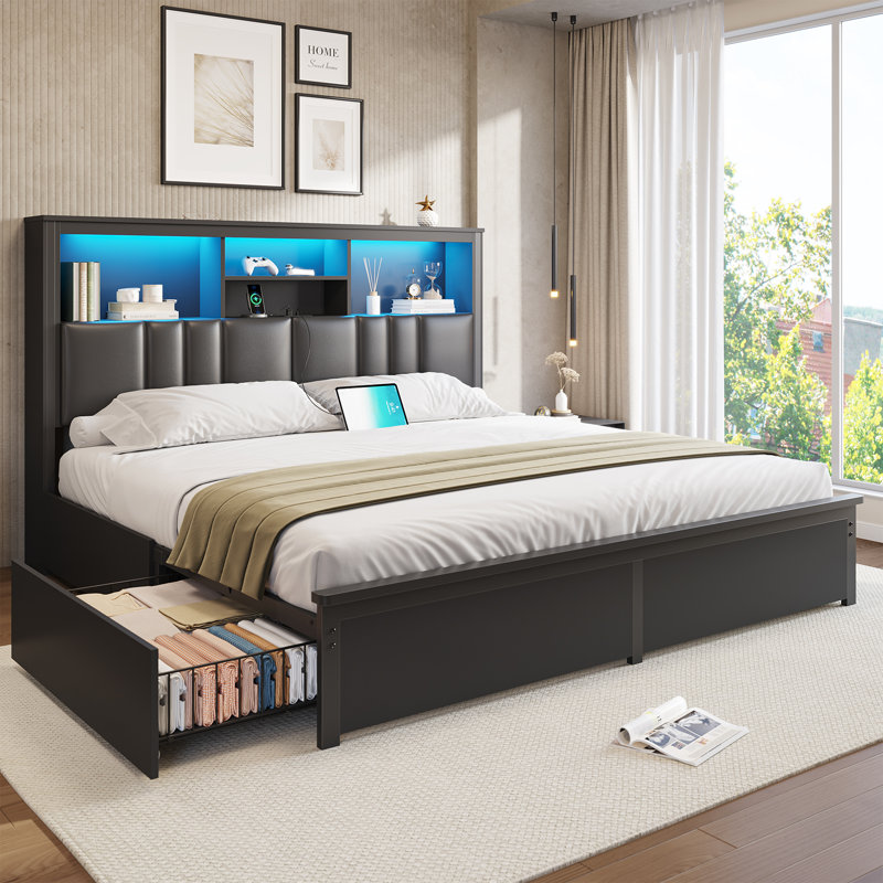 King-Size Bed Frame With Charging Station And Led Lights, Platform Bed, Leather-Upholstered Headboard With Storage Space, Metal Slat Support, Springless Mattress, Quiet Operation, Black