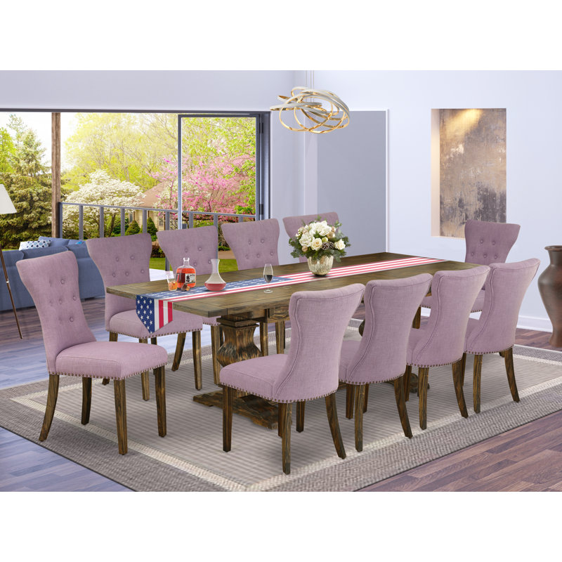 11 Piece Dinette Set Includes a Rectangle Dining Room Table with Removable Leaf and 10 Dahlia Linen Fabric Parson Dining Chairs, Distressed Jacobean