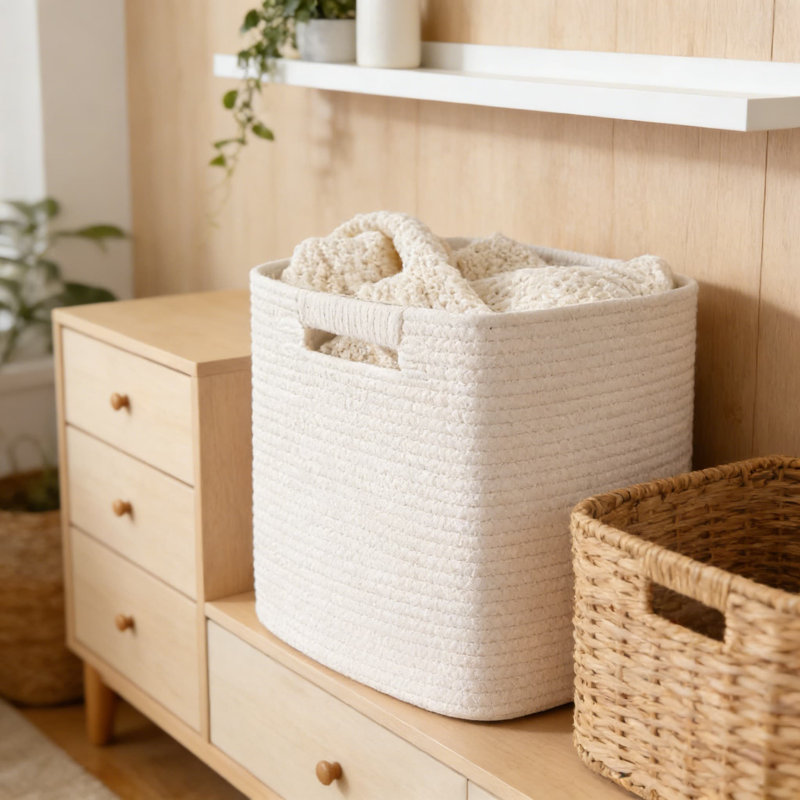6-Pack Cube Storage Bins, 11 Inch Woven Organizer Baskets With Handles For Shelves, Closet, Nursery, Bathroom & Home Decor, Breathable Cotton Rope Fabric, Foldable & Reshapes