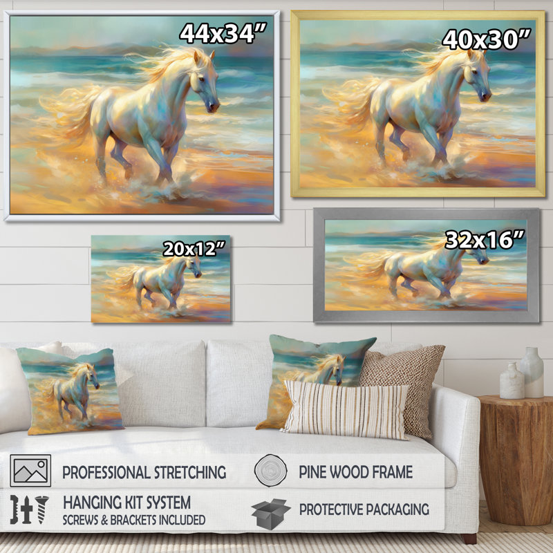 Cheval sur la plage I - art mural cheval, Cadre doré à une seule photo, H 24 po x l 32 po x P 1 po