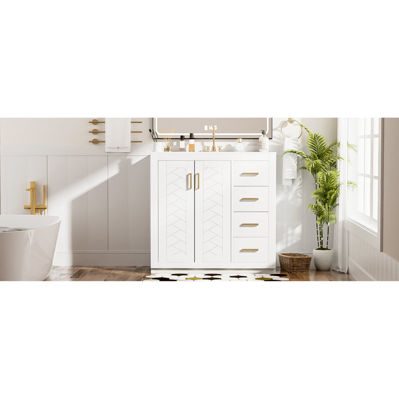 Armoire de rangement de salle de bain 36 po avec lavabo en céramique, structure en bois massif, trois tiroirs, portes, rangement spacieux, lavabo de style rétro et glissière de tiroir lisse, charnières, style moderne, poignées exquises