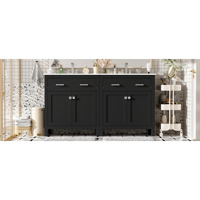 Ensemble de meuble-lavabo moderne 60 po avec lavabos doubles (séparés), lavabos doubles en céramique, tablette réglable, portes à fermeture en douceur et tiroir rabattable - Solution de salle de bain moderne pour salles de bain spacieuses