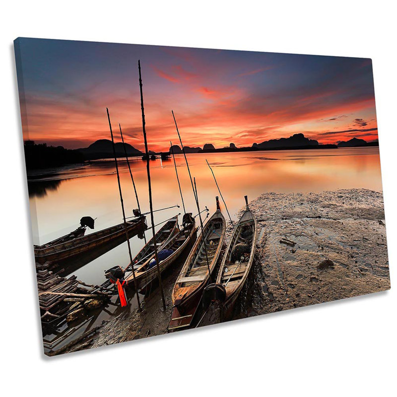 Fishing Boats Sunset Beach - Wrapped Canvas Print, 50.8cm H x 76.2cm W 